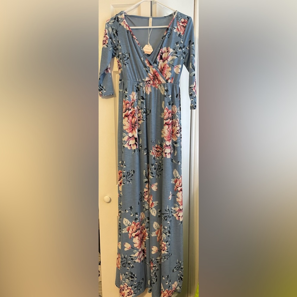 PinkBlush Floor Length Blue Floral Maternity Dress with Sash - New With Tags